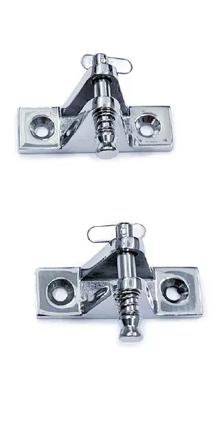 Front view of two stainless steel fitting hardware deck hinge with quick release pins.
