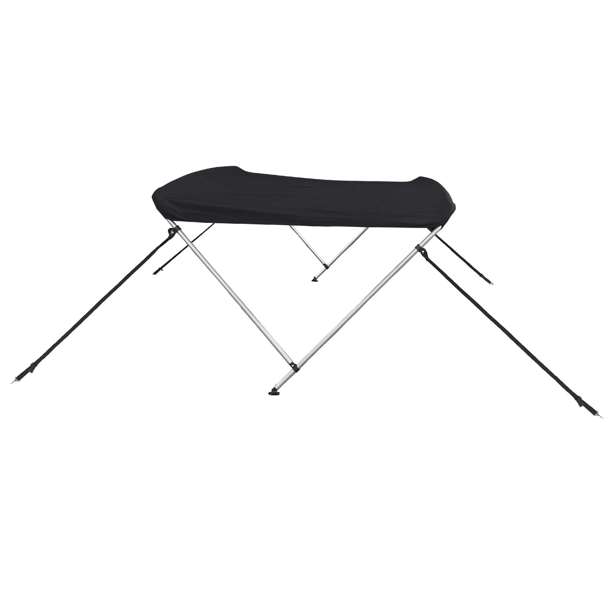 Black 2-bow boat Bimini top with aluminum frame, marine-grade polyester canvas, storage boot, front and back straps.