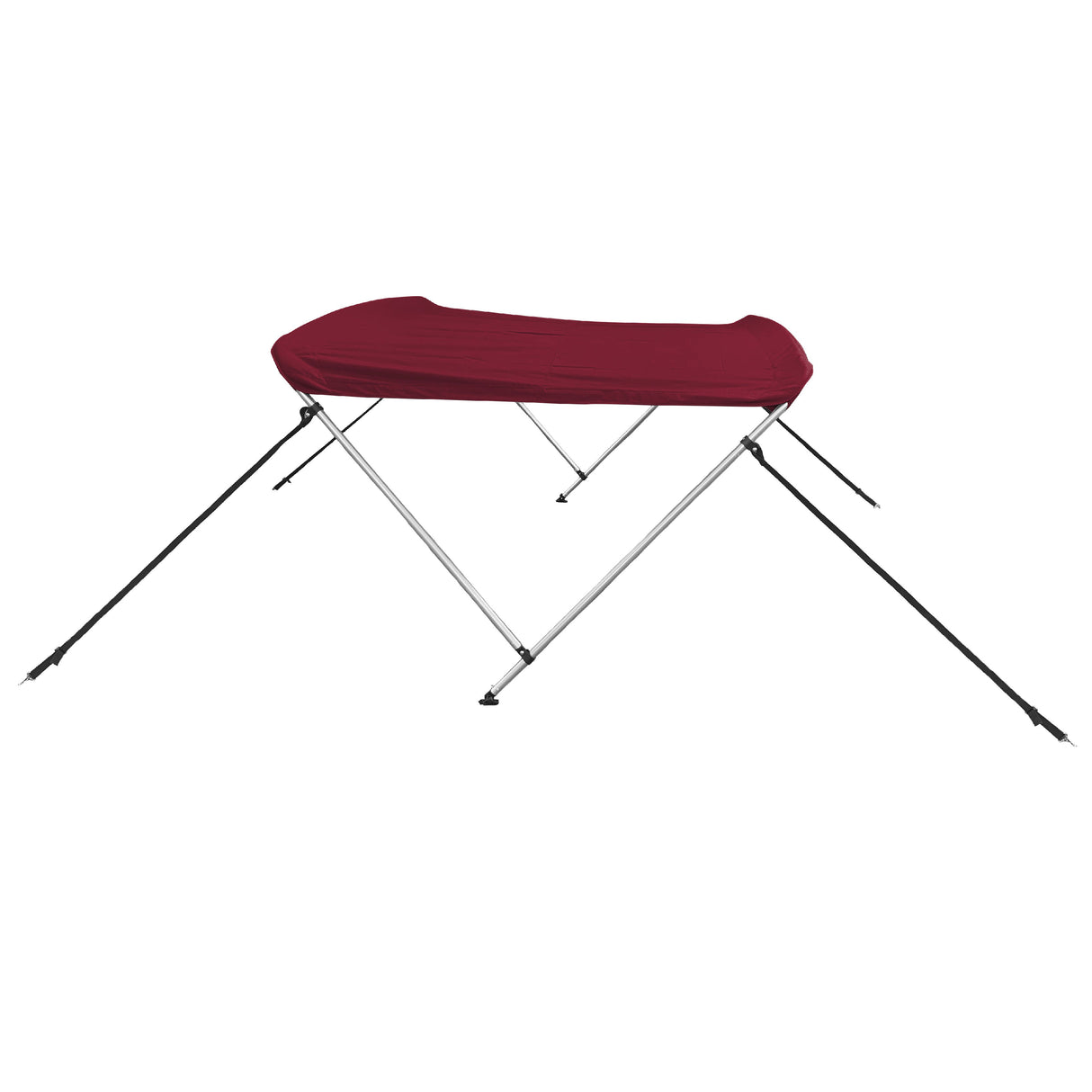 Burgundy 2-bow boat Bimini top with aluminum frame, marine-grade polyester canvas, storage boot, front and back straps.