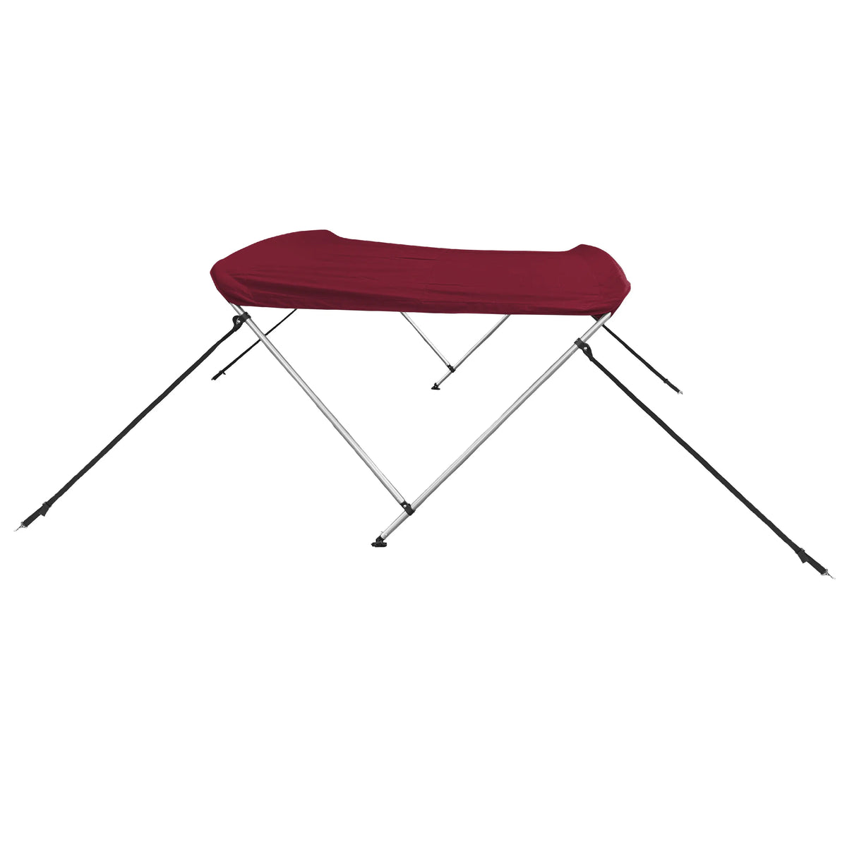 Burgundy 2-bow boat Bimini top with aluminum frame, marine-grade polyester canvas, storage boot, front and back straps.