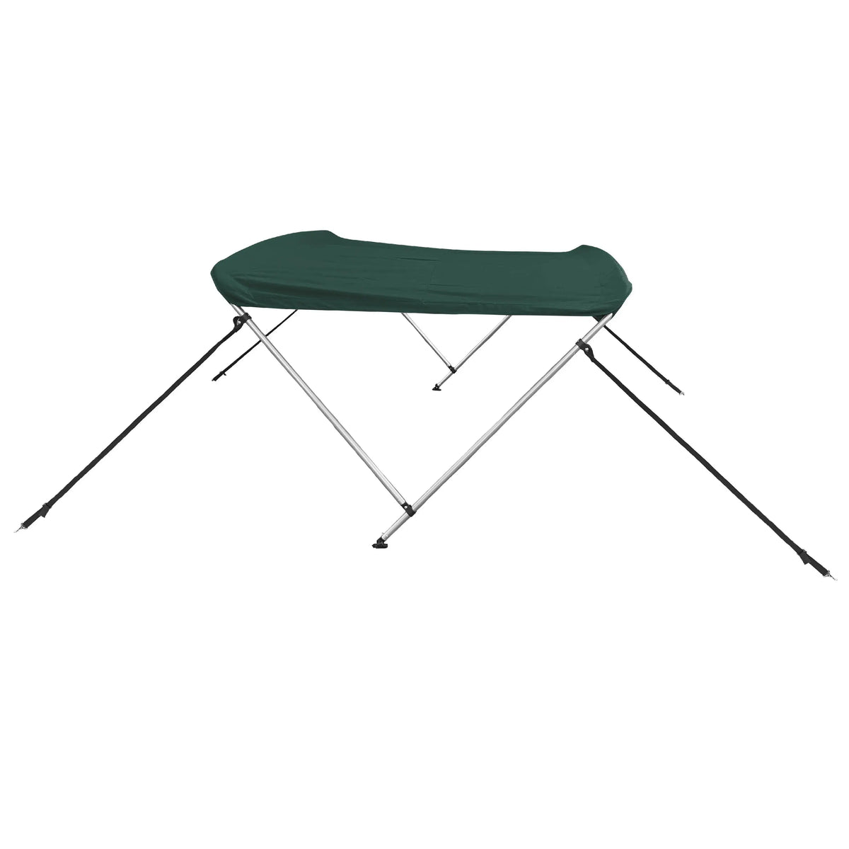 Green 2-bow boat Bimini top with aluminum frame, marine-grade polyester canvas, storage boot, front and back straps.