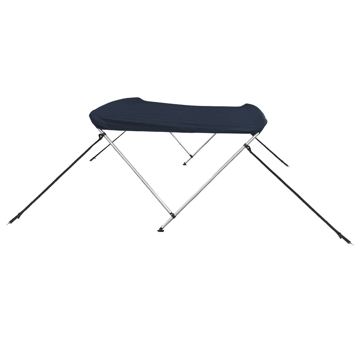 Navy 2-bow boat Bimini top with aluminum frame, marine-grade polyester canvas, storage boot, front and back straps.