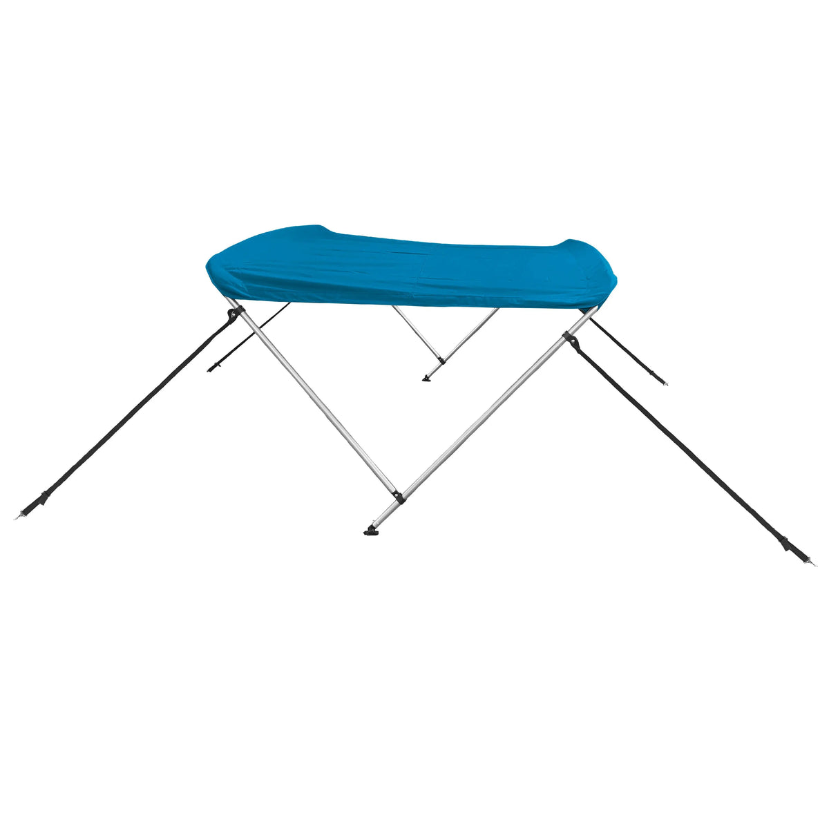Blue 2-bow boat Bimini top with aluminum frame, marine-grade polyester canvas, storage boot, front and back straps.