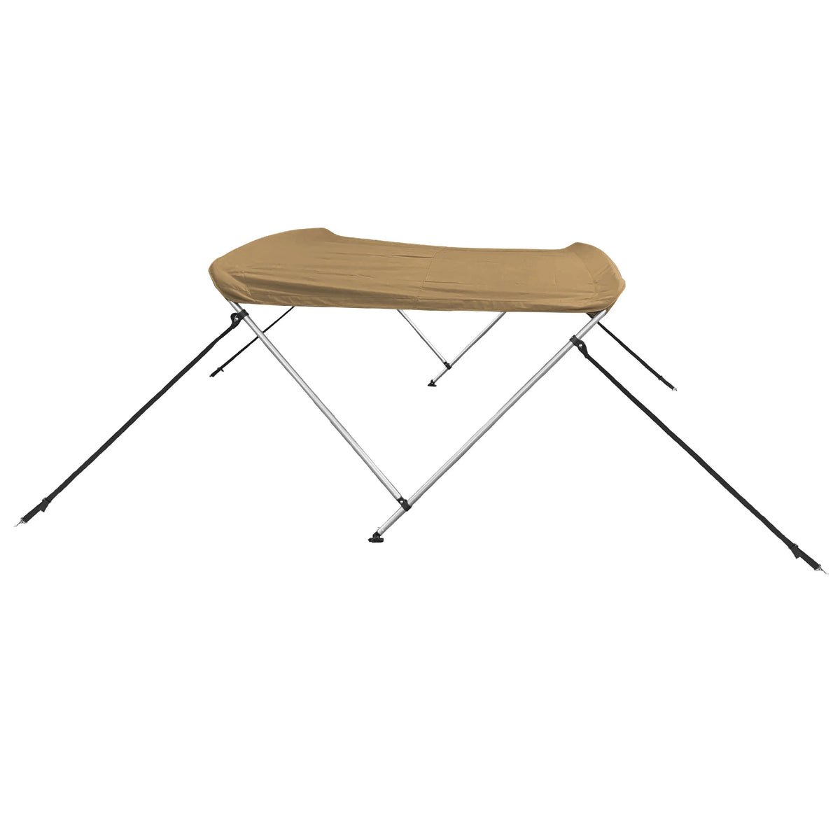 Beige 2-bow boat Bimini top with aluminum frame, marine-grade polyester canvas, storage boot, front and back straps.