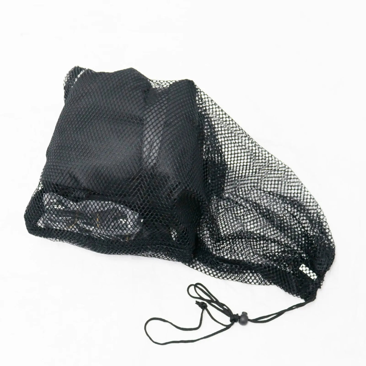 Black mesh drawstring bag on a white background.