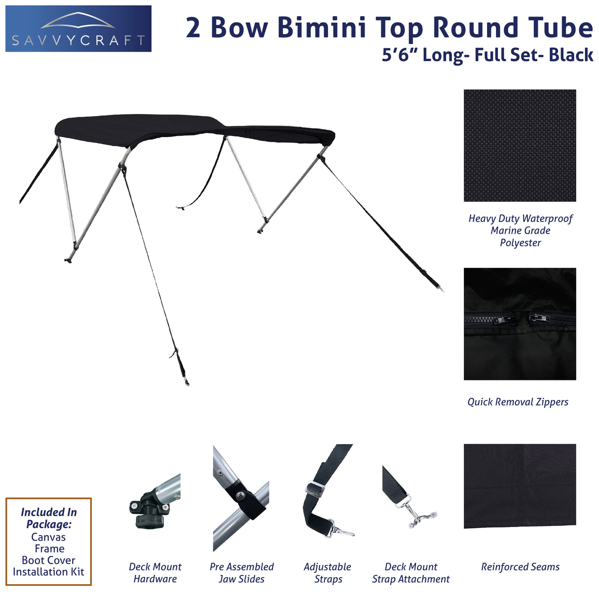 66" long 2-Bow black Bimini Top set with round frame, marine-grade polyester canvas, boot, and mounting hardware included.