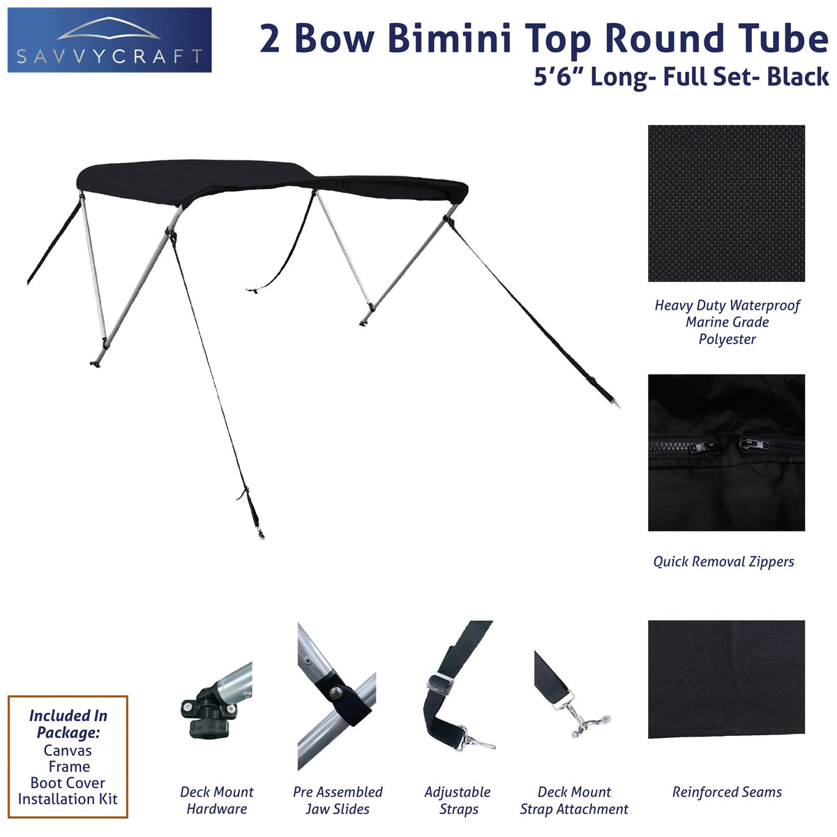 66" long 2-Bow black Bimini Top set with round frame, marine-grade polyester canvas, boot, and mounting hardware included.