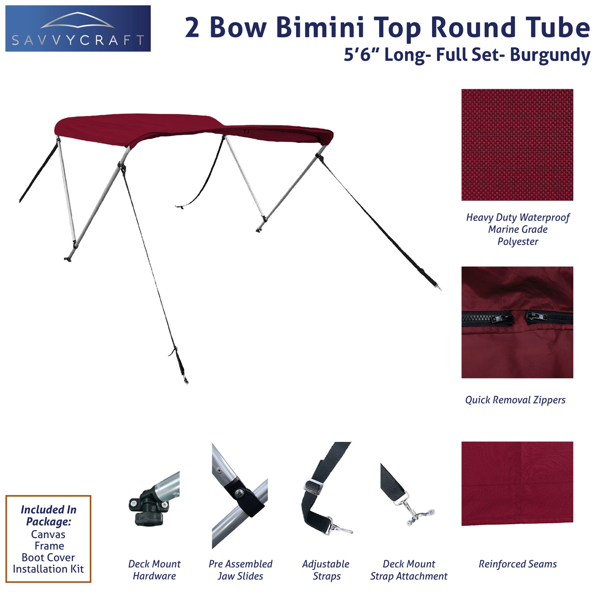 66" long 2-Bow burgundy Bimini Top set with round frame, marine-grade polyester canvas, boot, and mounting hardware included.