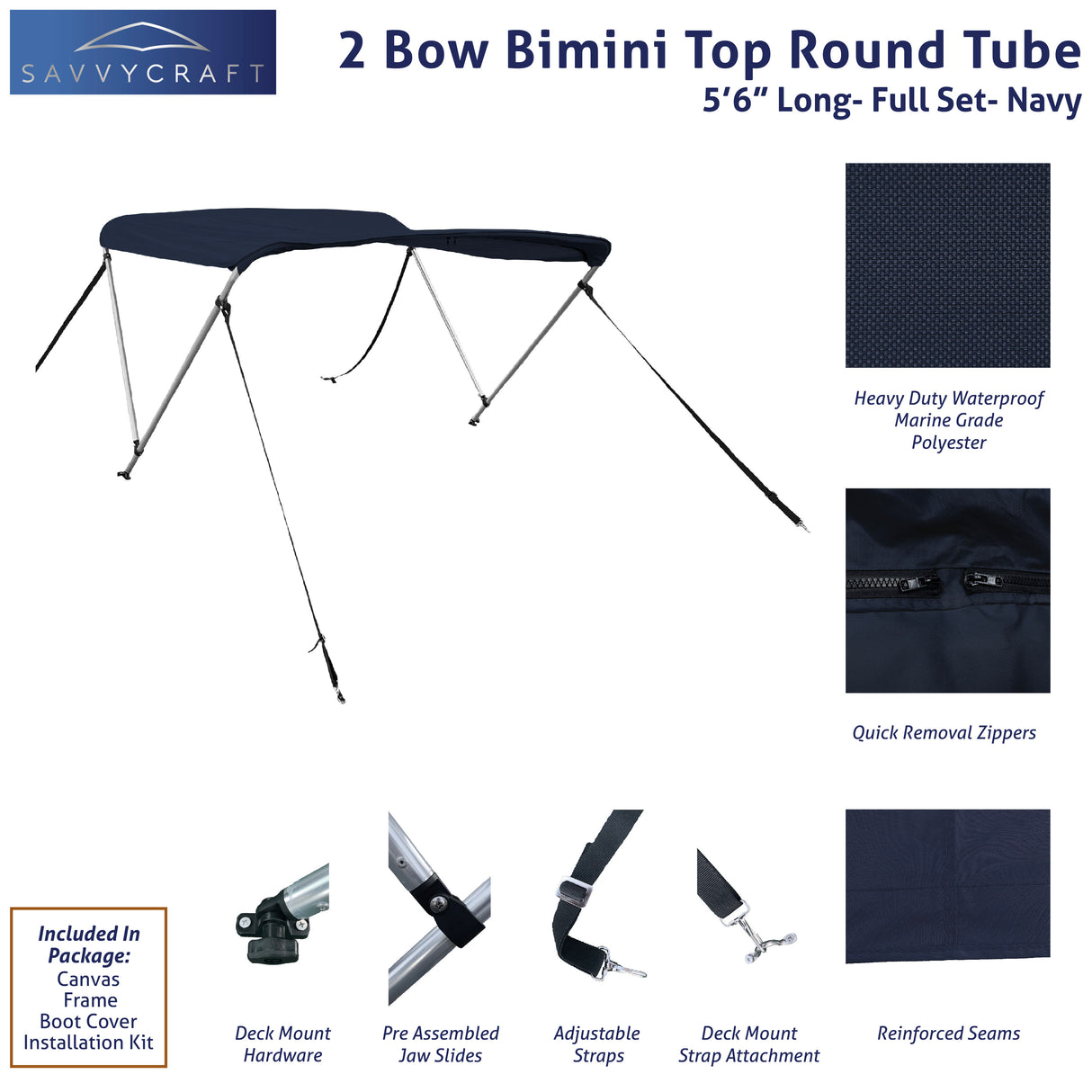 66" long 2-Bow navy Bimini Top set with round frame, marine-grade polyester canvas, boot, and mounting hardware included.