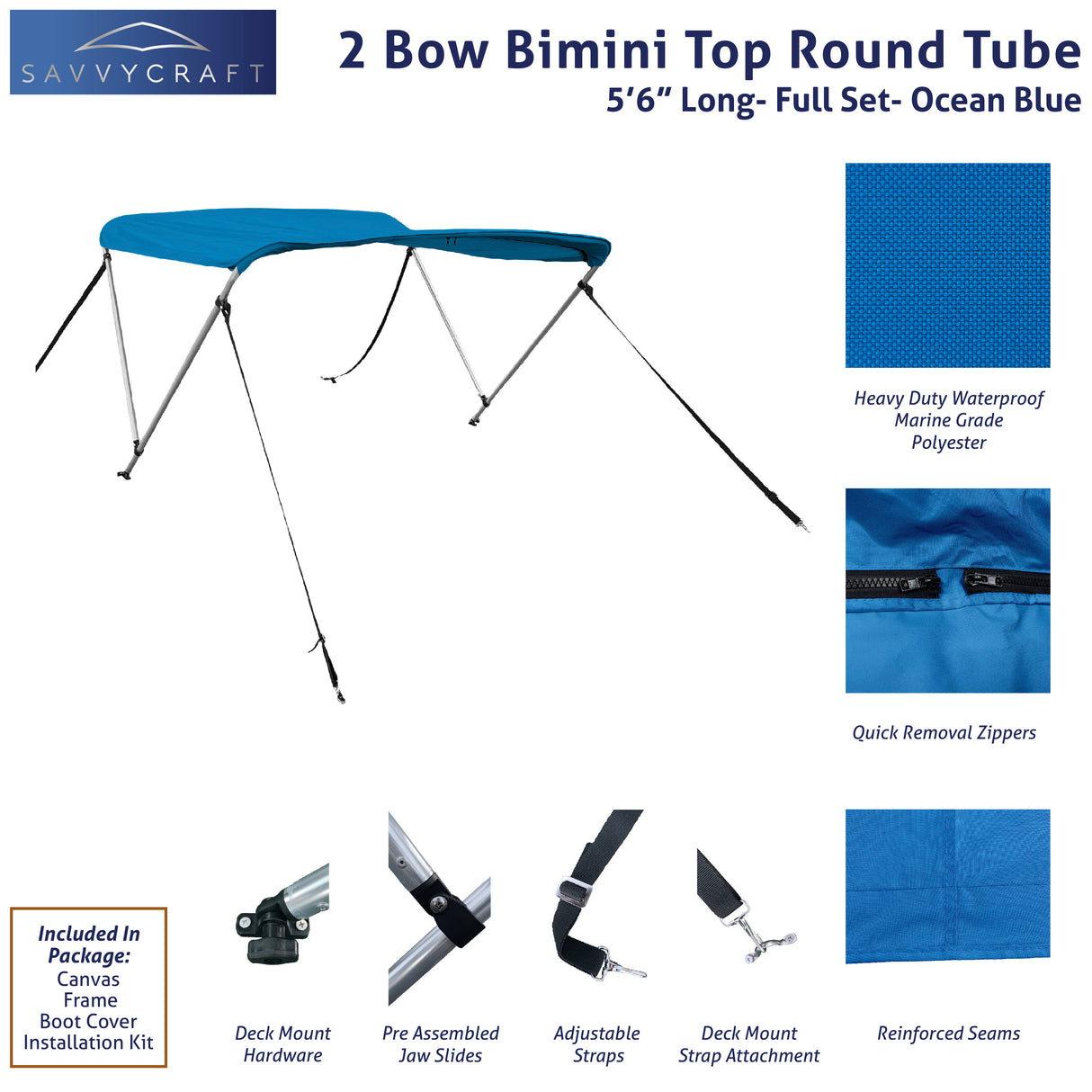 66" long 2-Bow blue Bimini Top set with round frame, marine-grade polyester canvas, boot, and mounting hardware included.