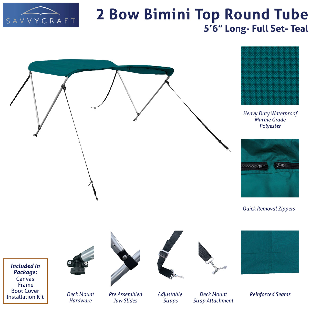 66" long 2-Bow teal Bimini Top set with round frame, marine-grade polyester canvas, boot, and mounting hardware included.