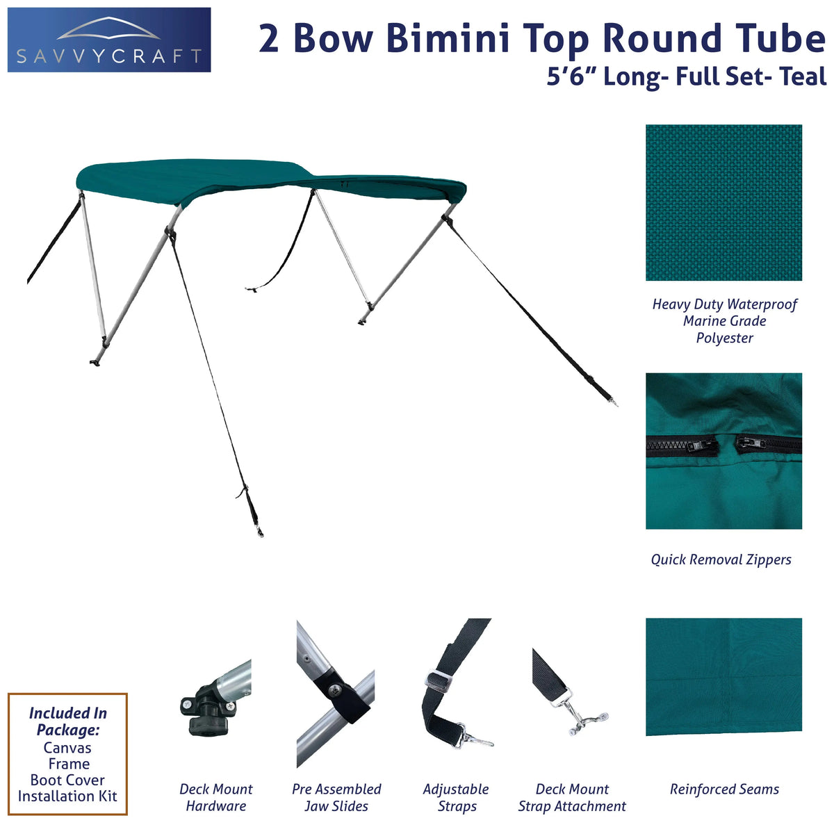 66" long 2-Bow teal Bimini Top set with round frame, marine-grade polyester canvas, boot, and mounting hardware included.