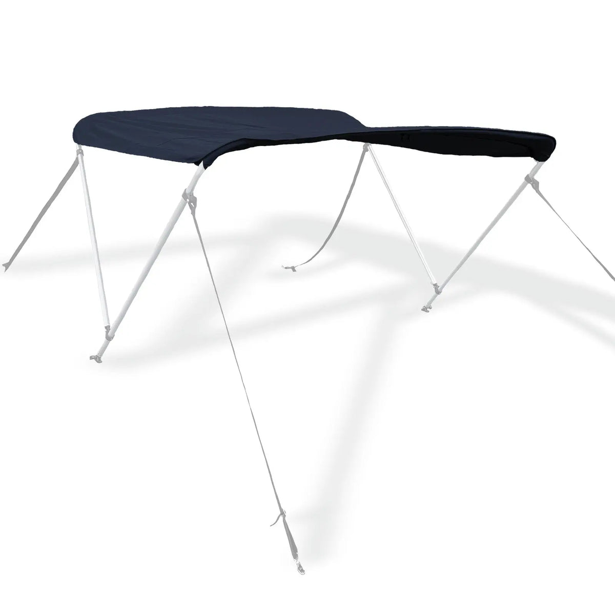 Navy bimini top replacement canvas shown on a bimini frame for display purposes only. Product includes the canvas and storage boot only.