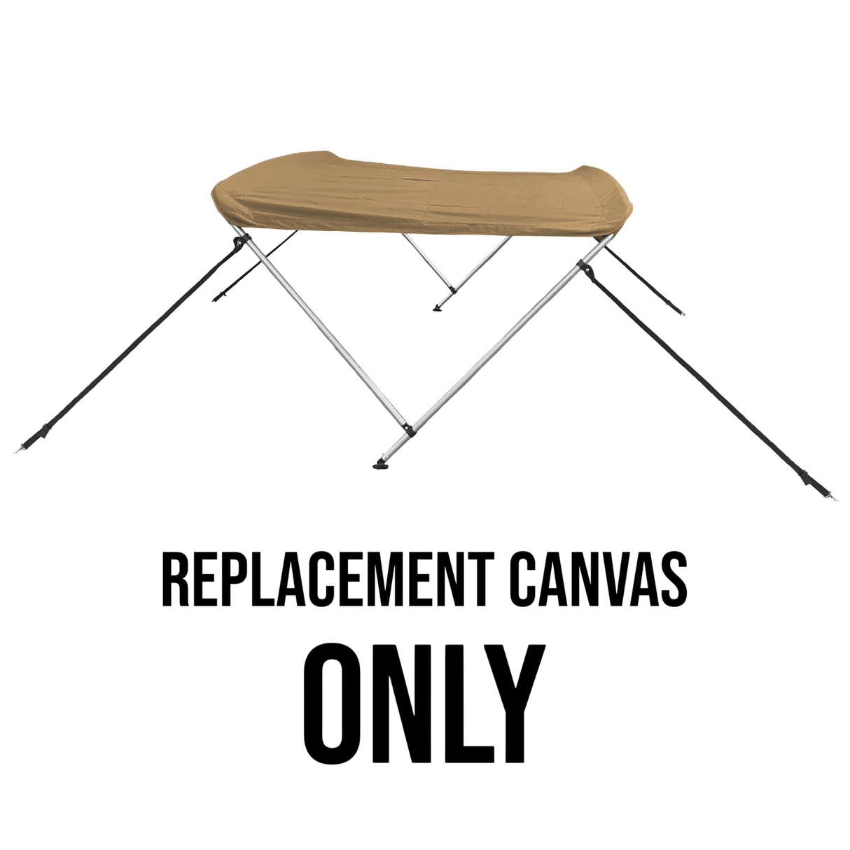 Beige bimini top replacement canvas shown on a bimini frame for display purposes only. Product includes the canvas and storage boot only.
