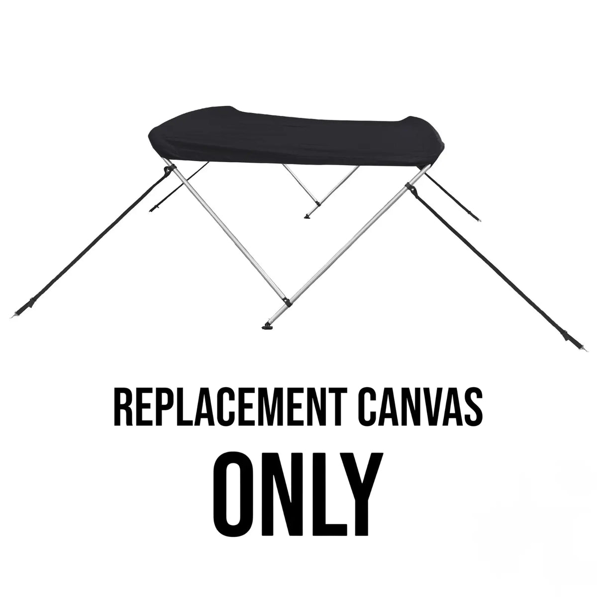Black bimini top replacement canvas shown on a bimini frame for display purposes only. Product includes the canvas and storage boot only.