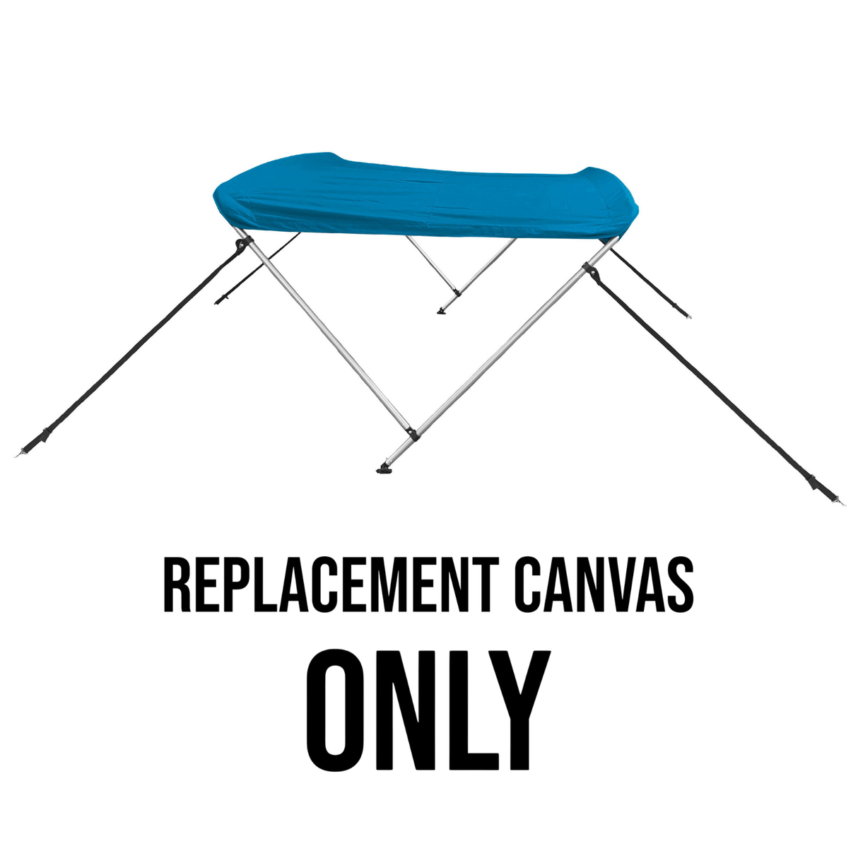 Blue bimini top replacement canvas shown on a bimini frame for display purposes only. Product includes the canvas and storage boot only.