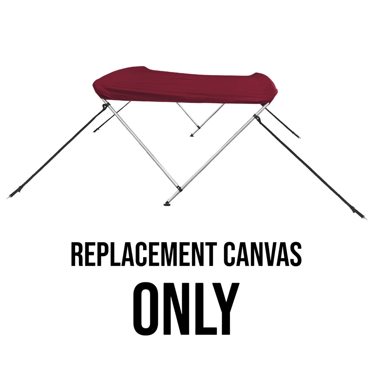 Burgundy bimini top replacement canvas shown on a bimini frame for display purposes only. Product includes the canvas and storage boot only.