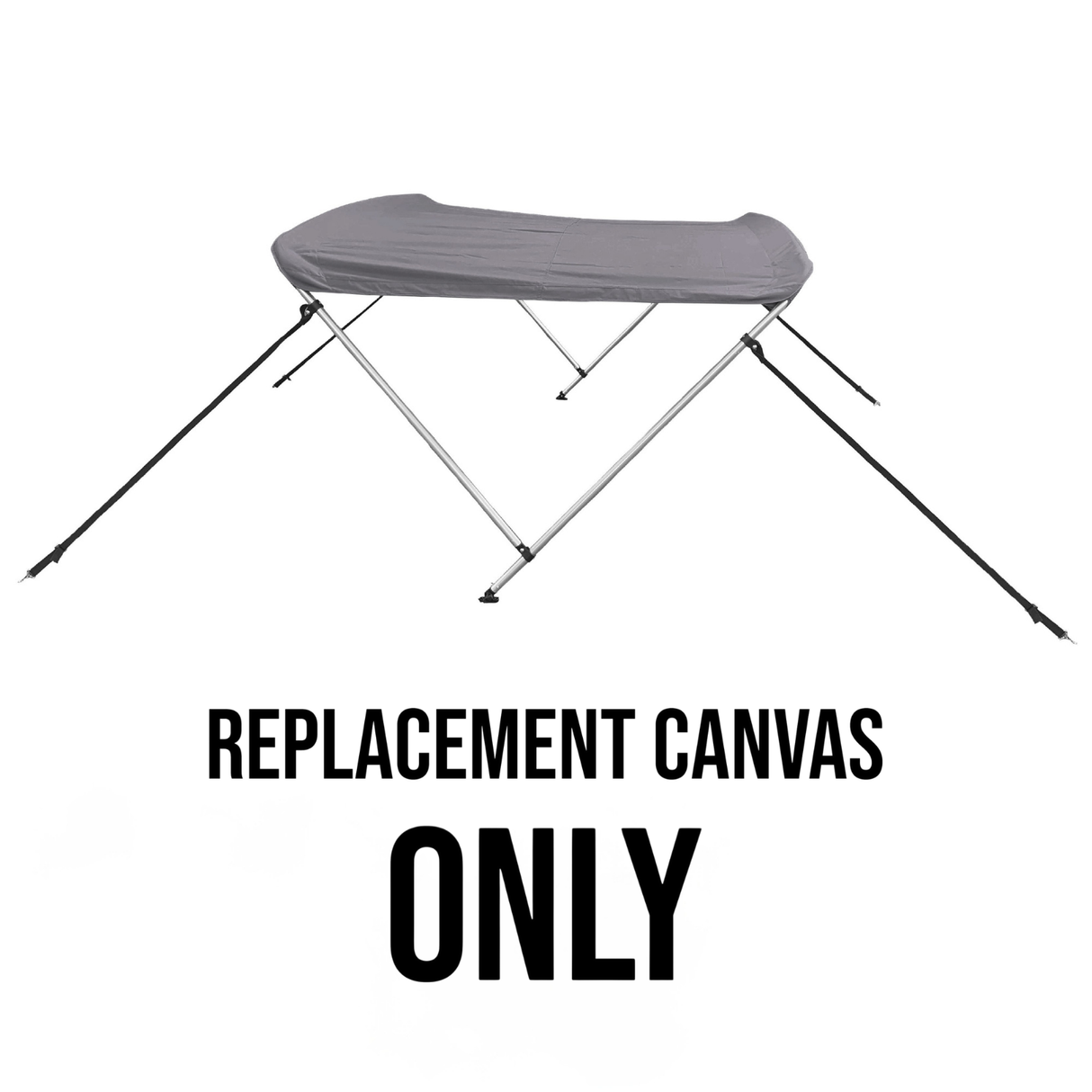 Gray bimini top replacement canvas shown on a bimini frame for display purposes only. Product includes the canvas and storage boot only.