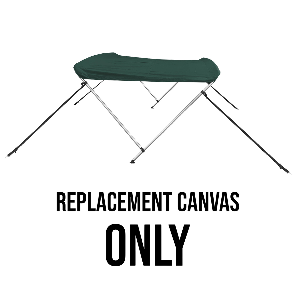 Green bimini top replacement canvas shown on a bimini frame for display purposes only. Product includes the canvas and storage boot only.