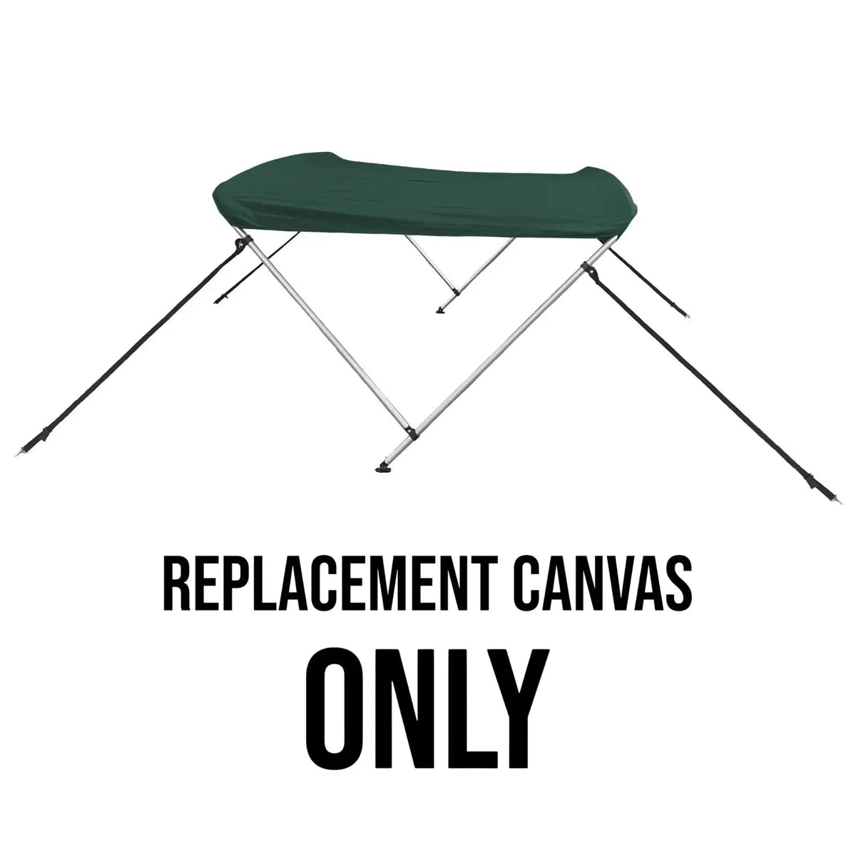 Green bimini top replacement canvas shown on a bimini frame for display purposes only. Product includes the canvas and storage boot only.