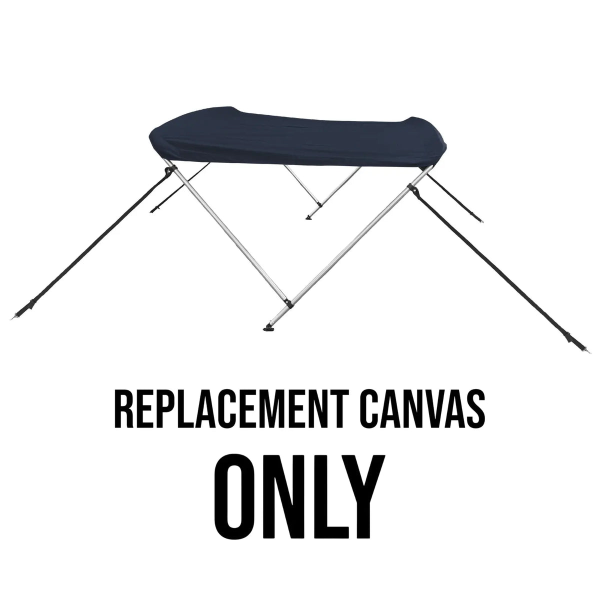 Navy bimini top replacement canvas shown on a bimini frame for display purposes only. Product includes the canvas and storage boot only.