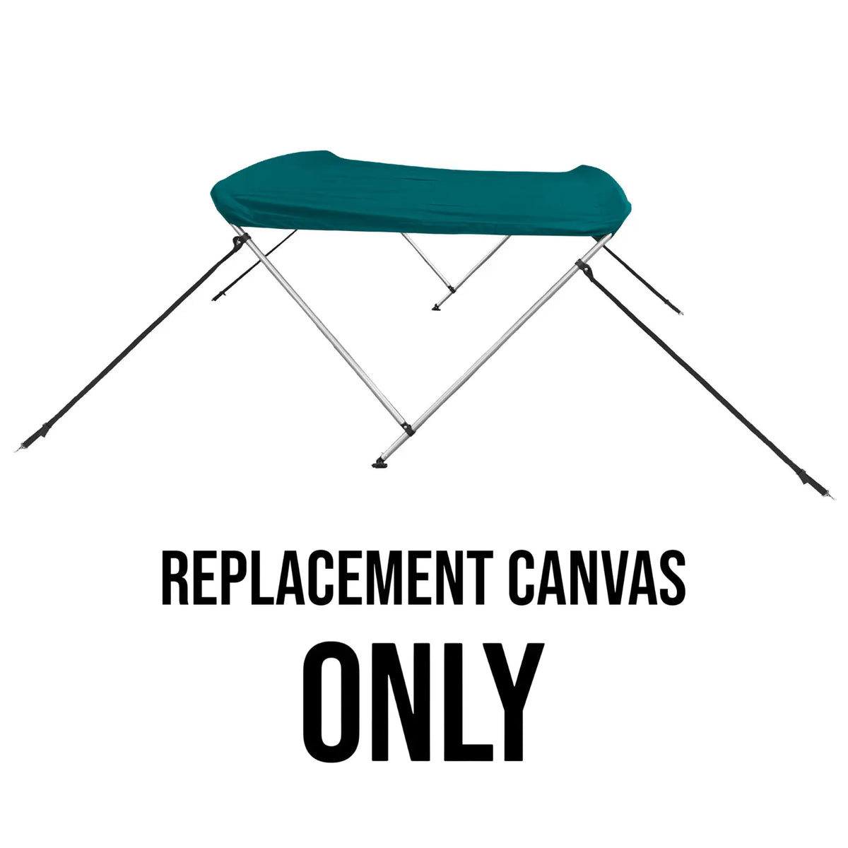 Teal bimini top replacement canvas shown on a bimini frame for display purposes only. Product includes the canvas and storage boot only.