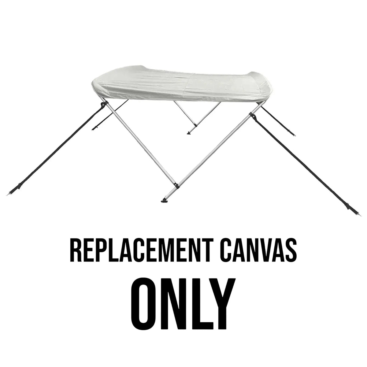White bimini top replacement canvas shown on a bimini frame for display purposes only. Product includes the canvas and storage boot only.