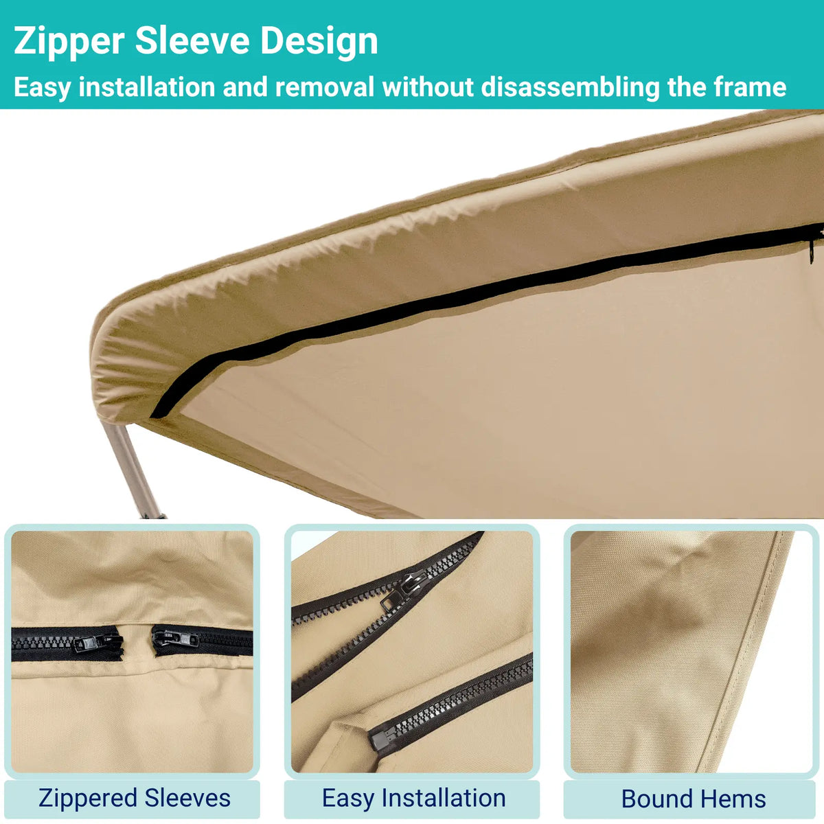 Beige replacement canvas with durable marine polyester canvas, featuring bound hems and zipper sleeves for easy setup.
