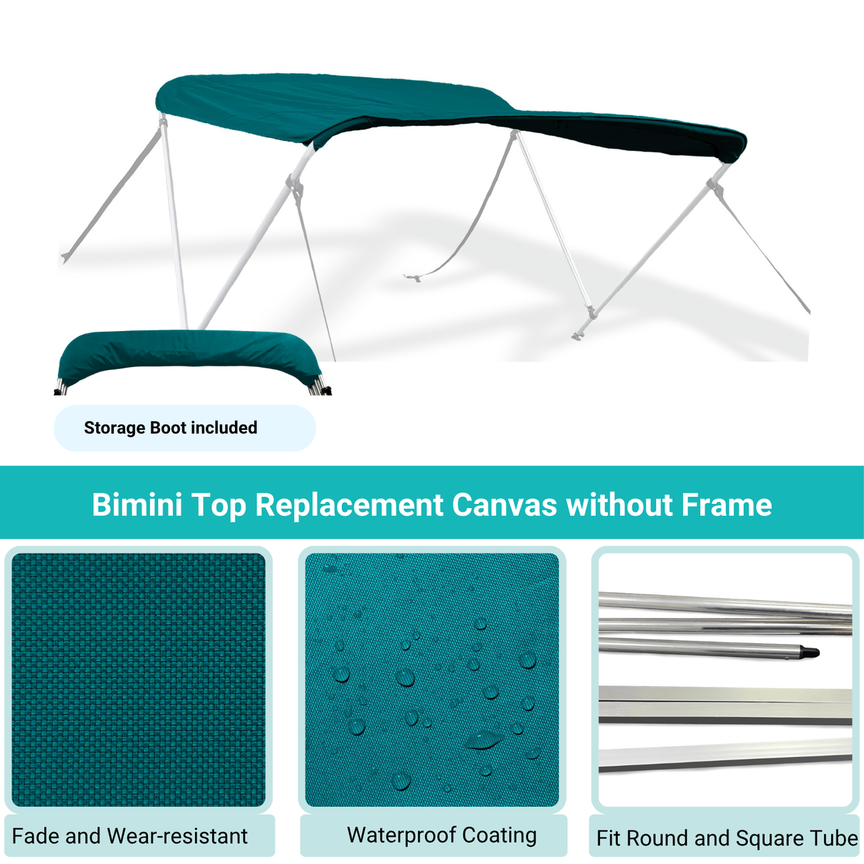 Teal Bimini top replacement canvas include storage boot, featuring fade and wear-resistant material.