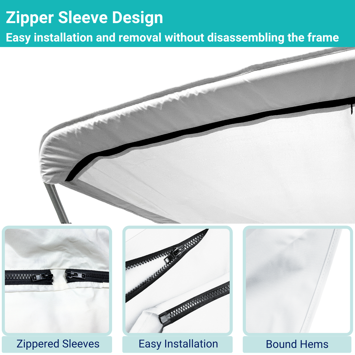 White replacement canvas with durable marine polyester canvas, featuring bound hems and zipper sleeves for easy setup.