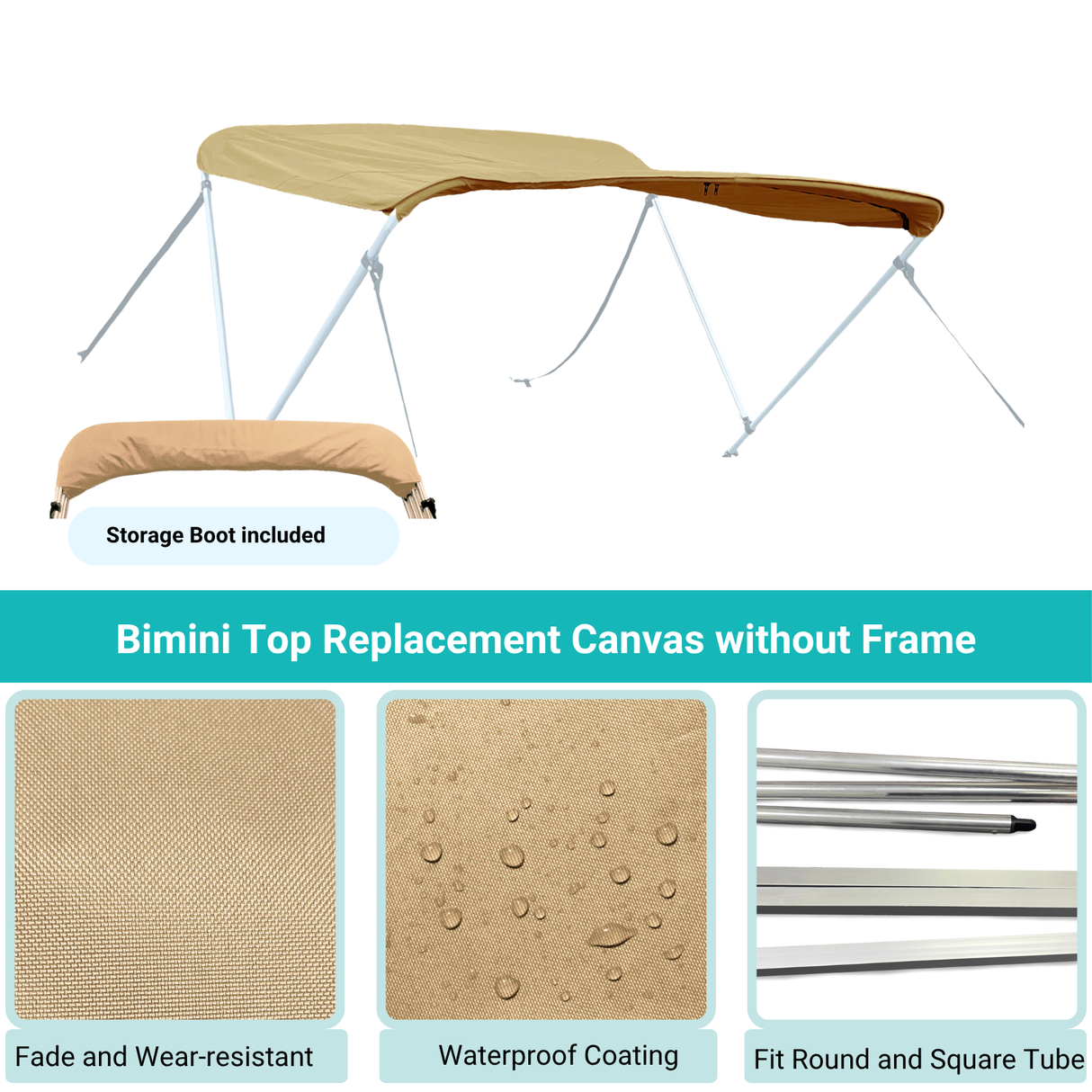 Beige Bimini top replacement canvas include storage boot, featuring fade and wear-resistant material.
