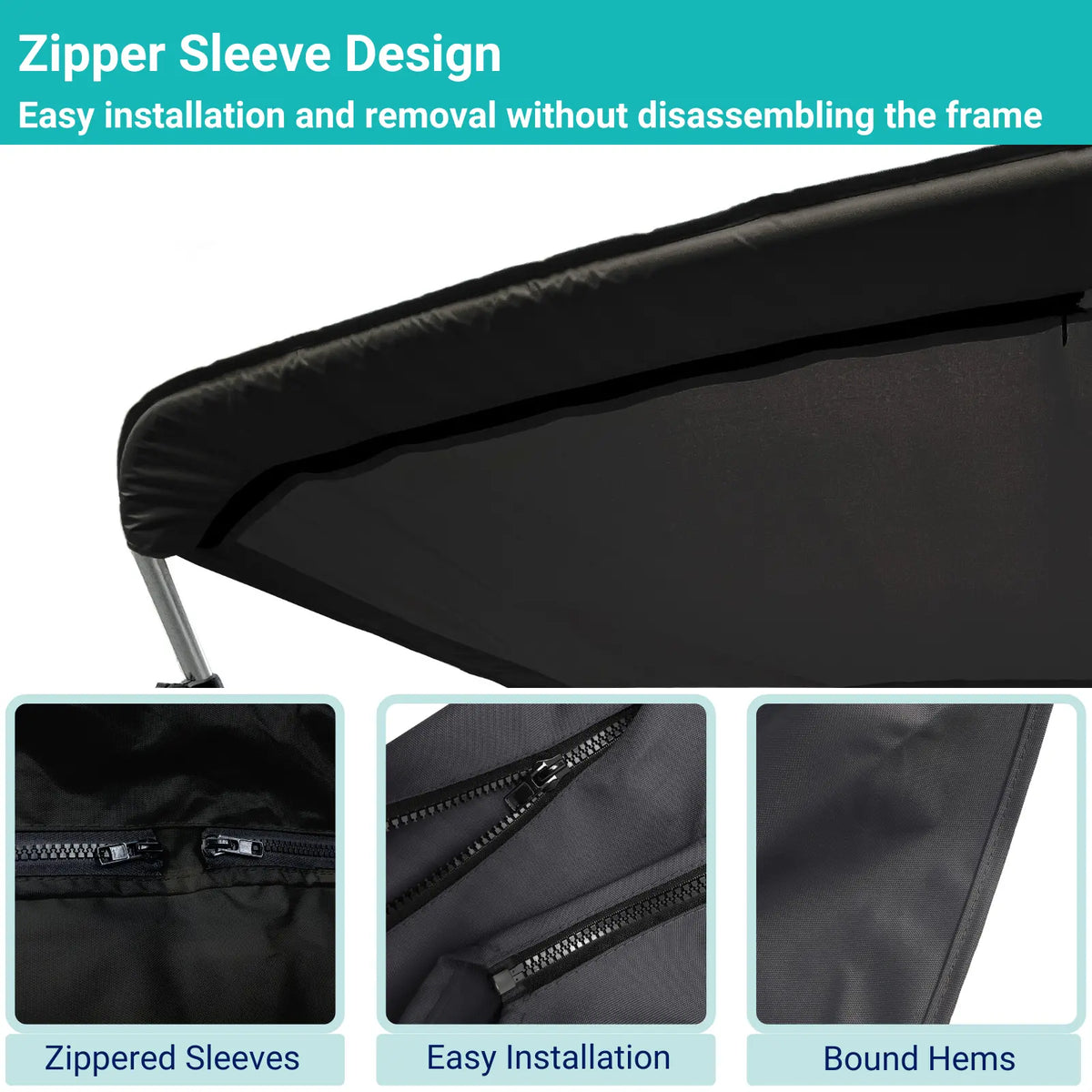 Black replacement canvas with durable marine polyester canvas, featuring bound hems and zipper sleeves for easy setup.