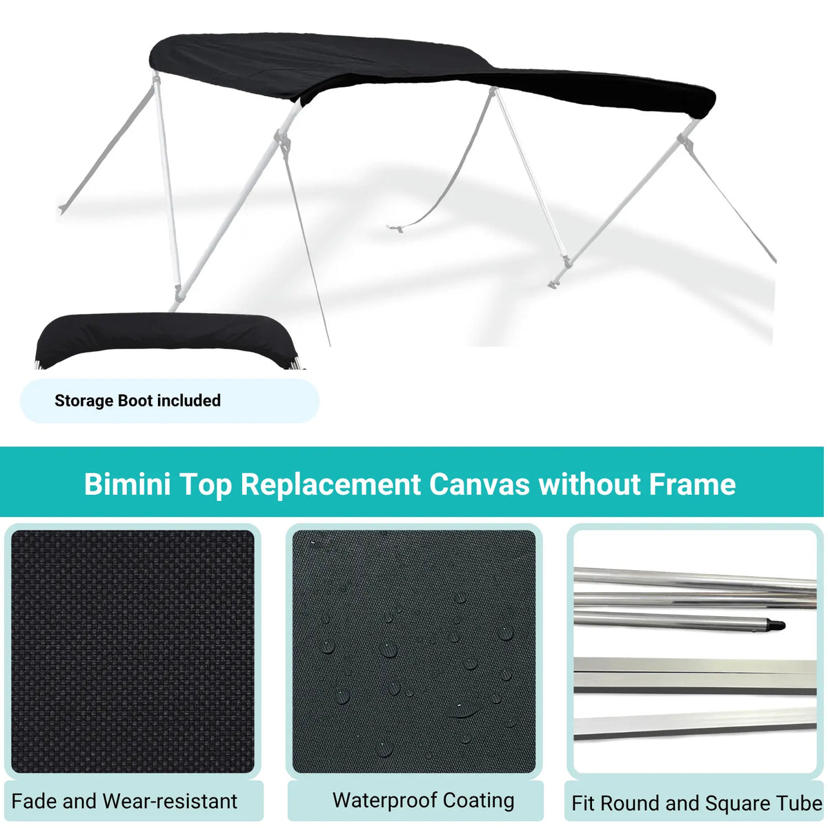 Black Bimini top replacement canvas include storage boot, featuring fade and wear-resistant material.