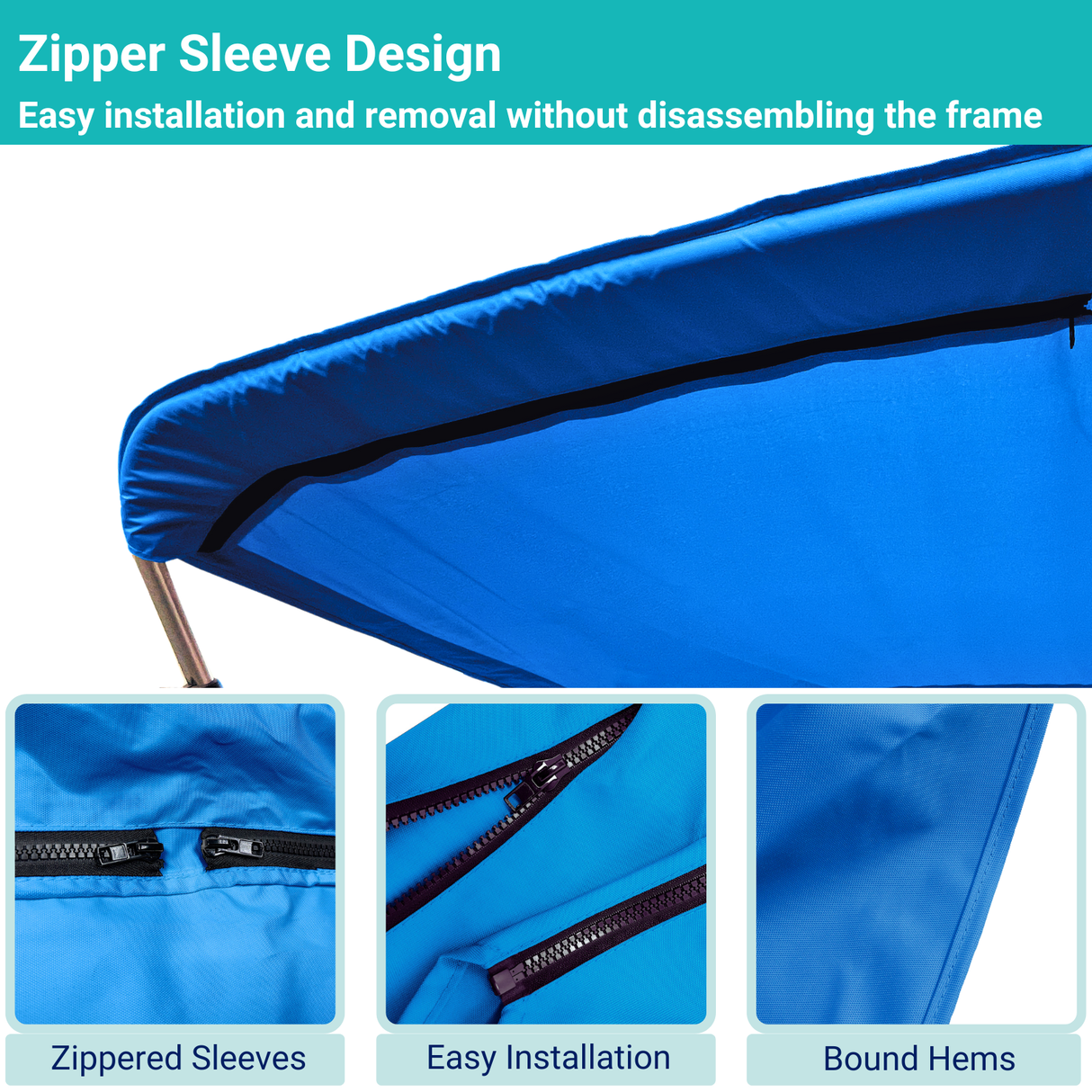 Blue replacement canvas with durable marine polyester canvas, featuring bound hems and zipper sleeves for easy setup.
