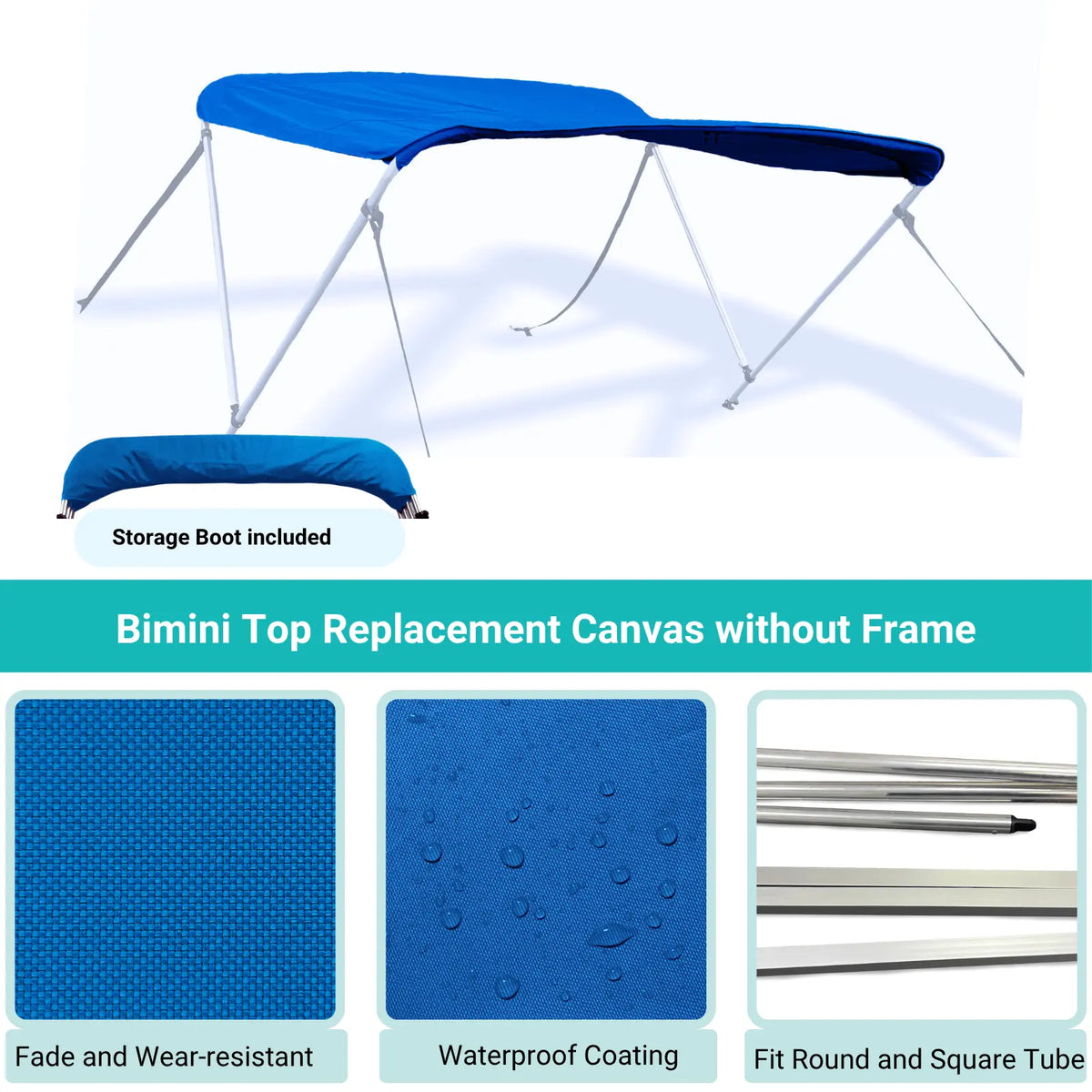 Blue Bimini top replacement canvas include storage boot, featuring fade and wear-resistant material.