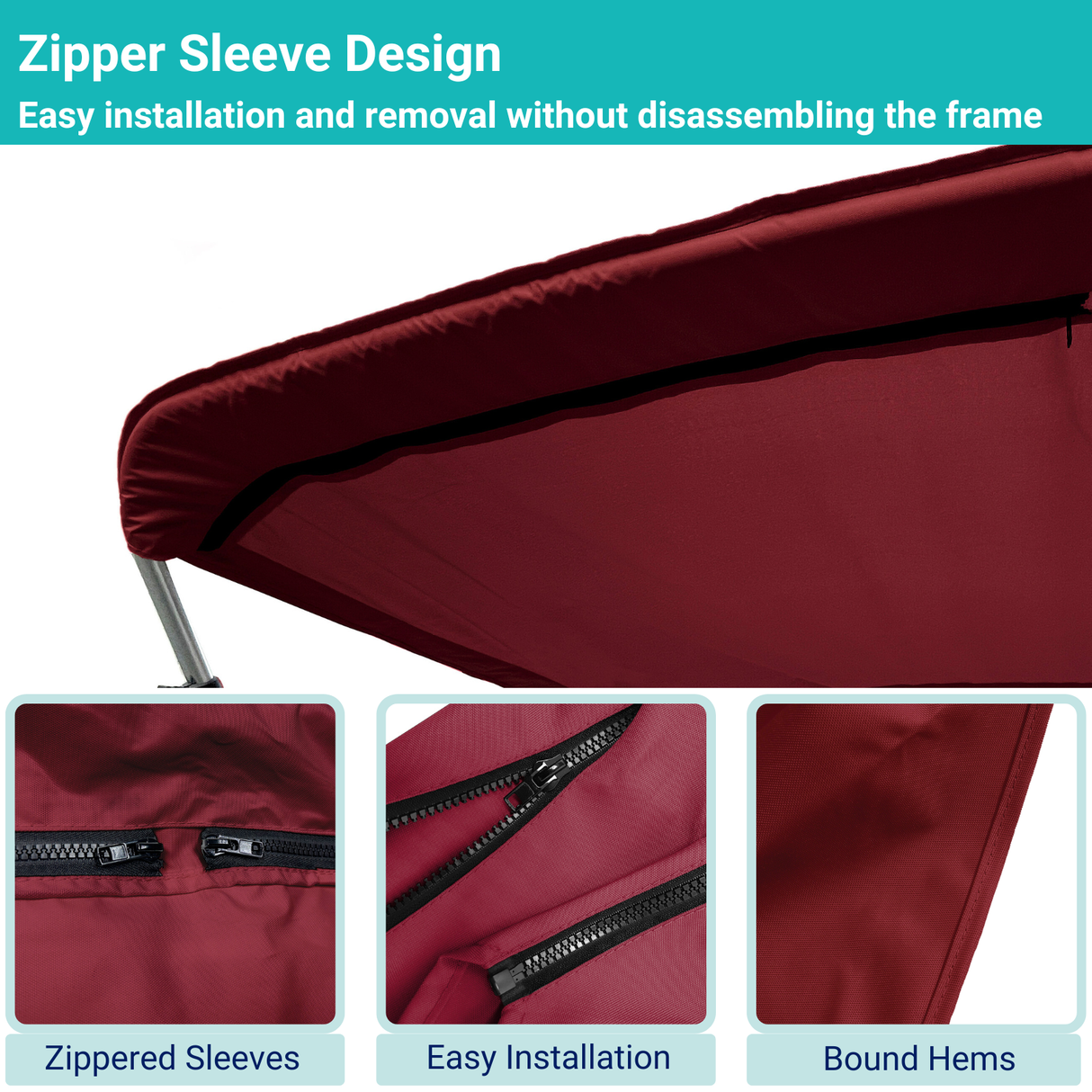 Marron replacement canvas with durable marine polyester canvas, featuring bound hems and zipper sleeves for easy setup.