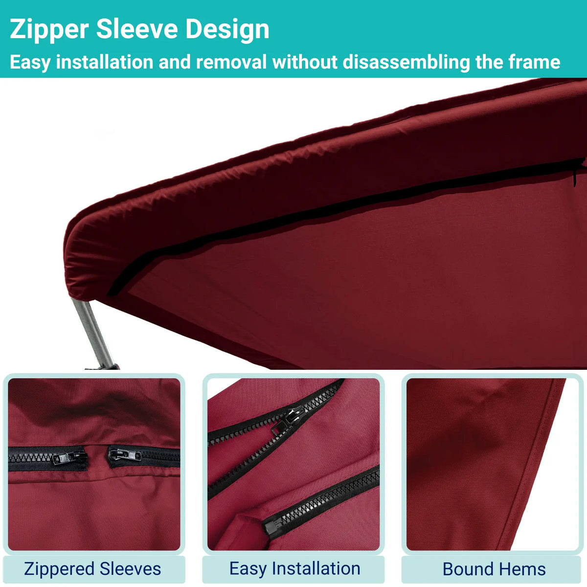 Marron replacement canvas with durable marine polyester canvas, featuring bound hems and zipper sleeves for easy setup.