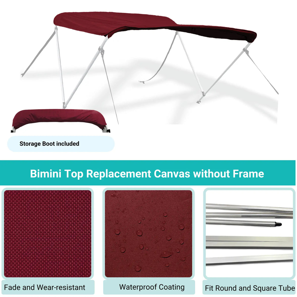 Burgundy Bimini top replacement canvas include storage boot, featuring fade and wear-resistant material.