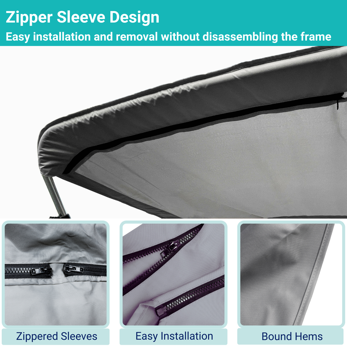 Gray replacement canvas with durable marine polyester canvas, featuring bound hems and zipper sleeves for easy setup.