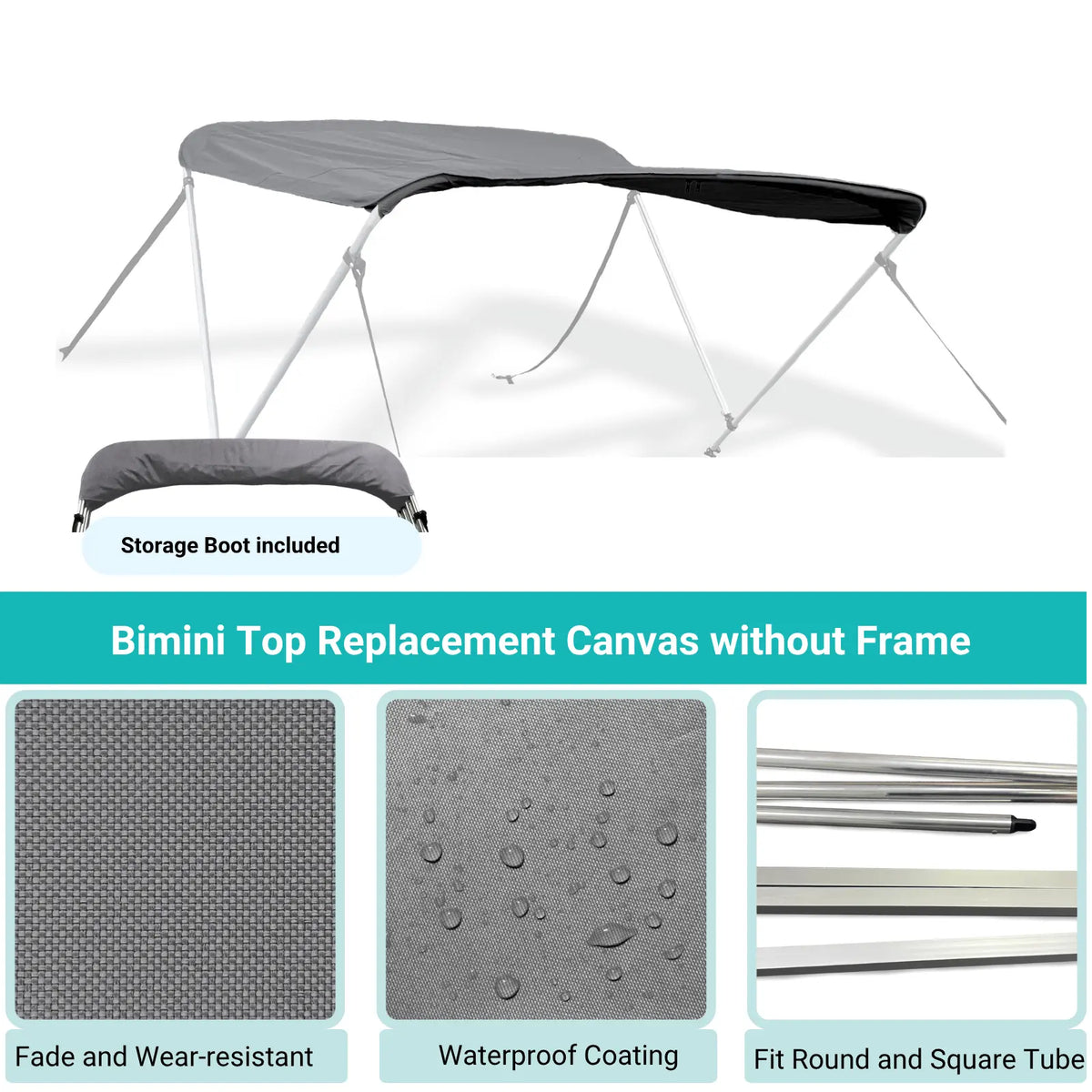 Gray Bimini top replacement canvas include storage boot, featuring fade and wear-resistant material.