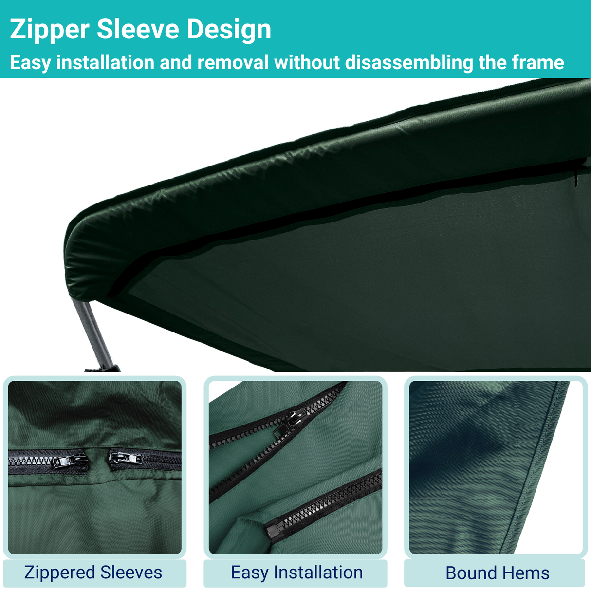 Green replacement canvas with durable marine polyester canvas, featuring bound hems and zipper sleeves for easy setup.
