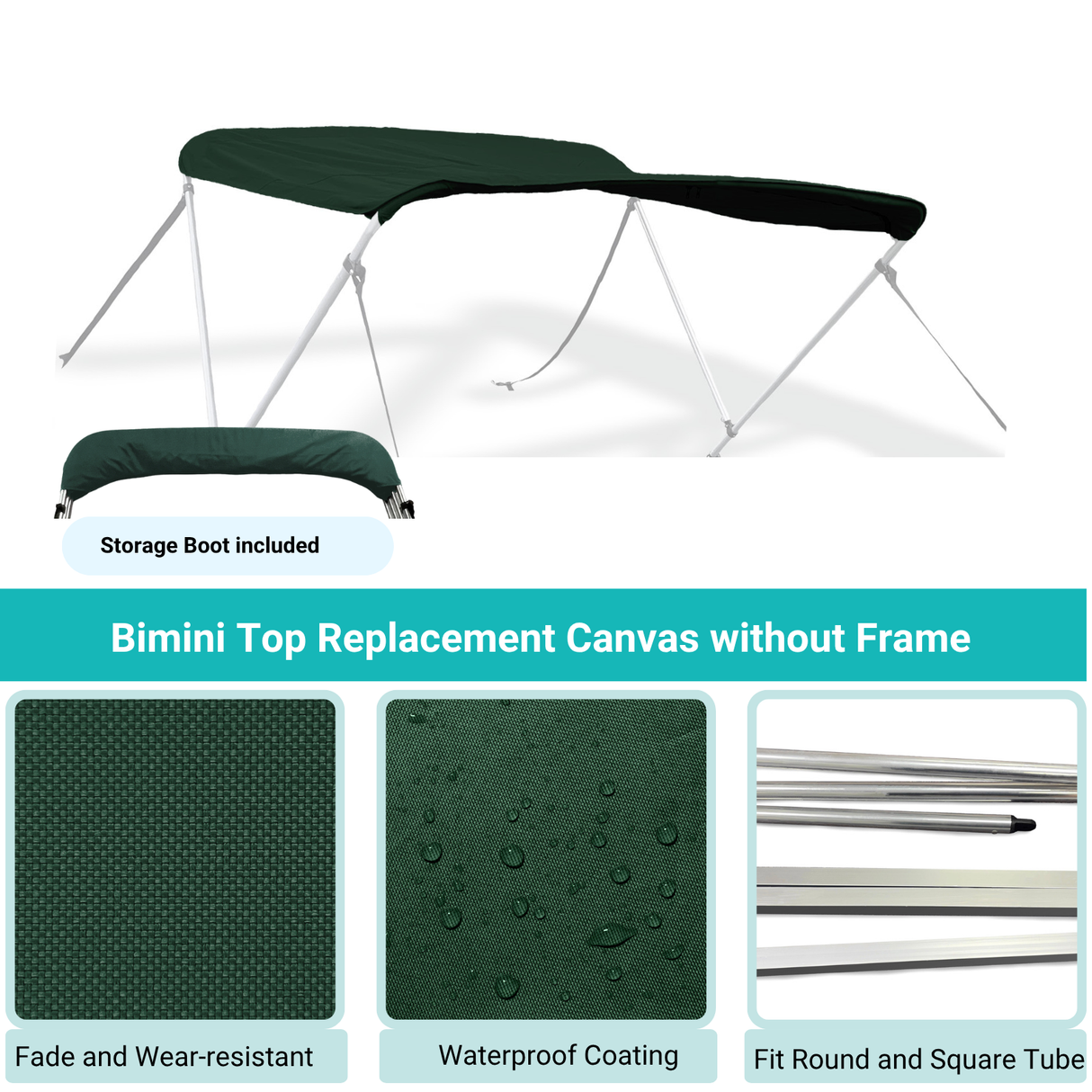 Green Bimini top replacement canvas include storage boot, featuring fade and wear-resistant material.
