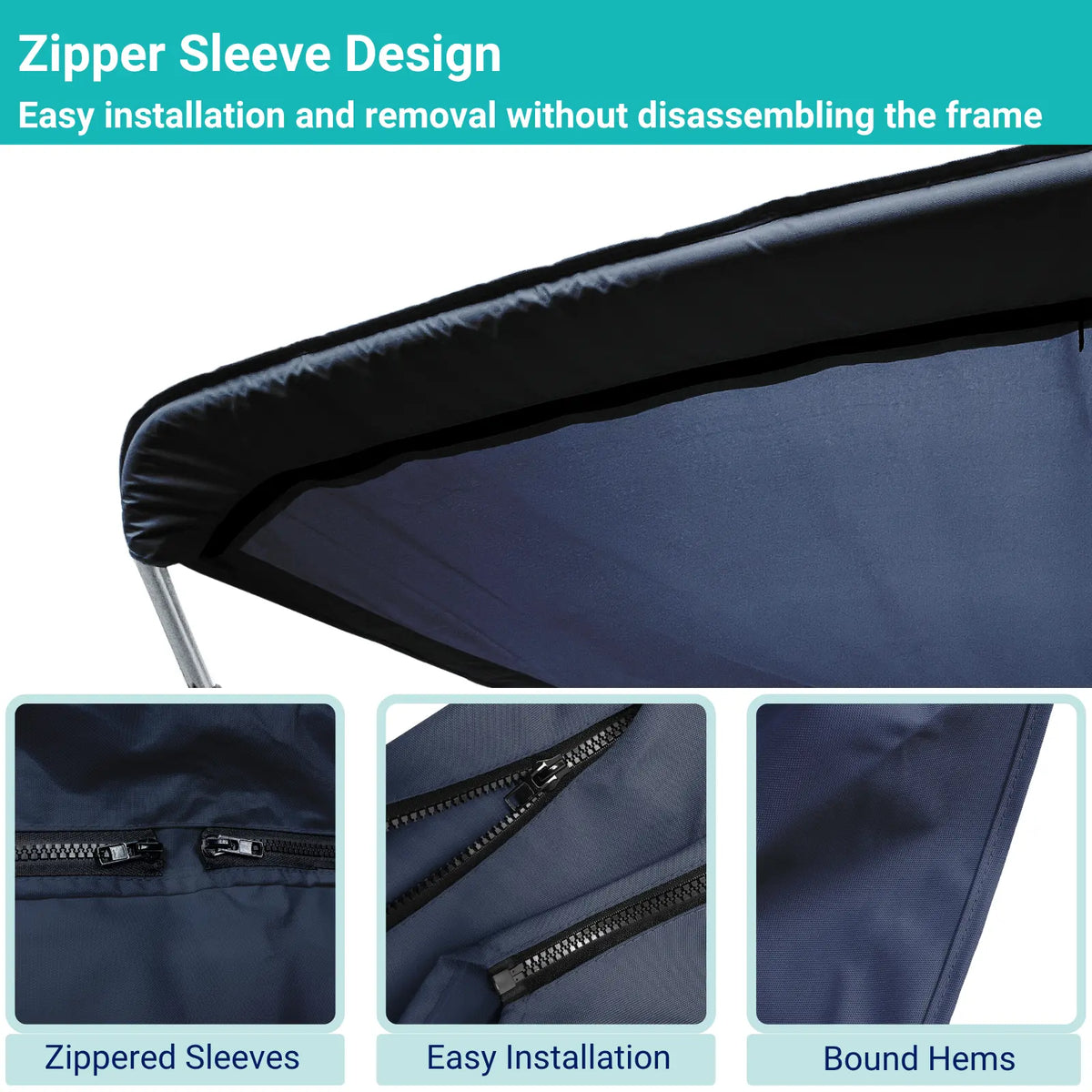 Navy replacement canvas with durable marine polyester canvas, featuring bound hems and zipper sleeves for easy setup.