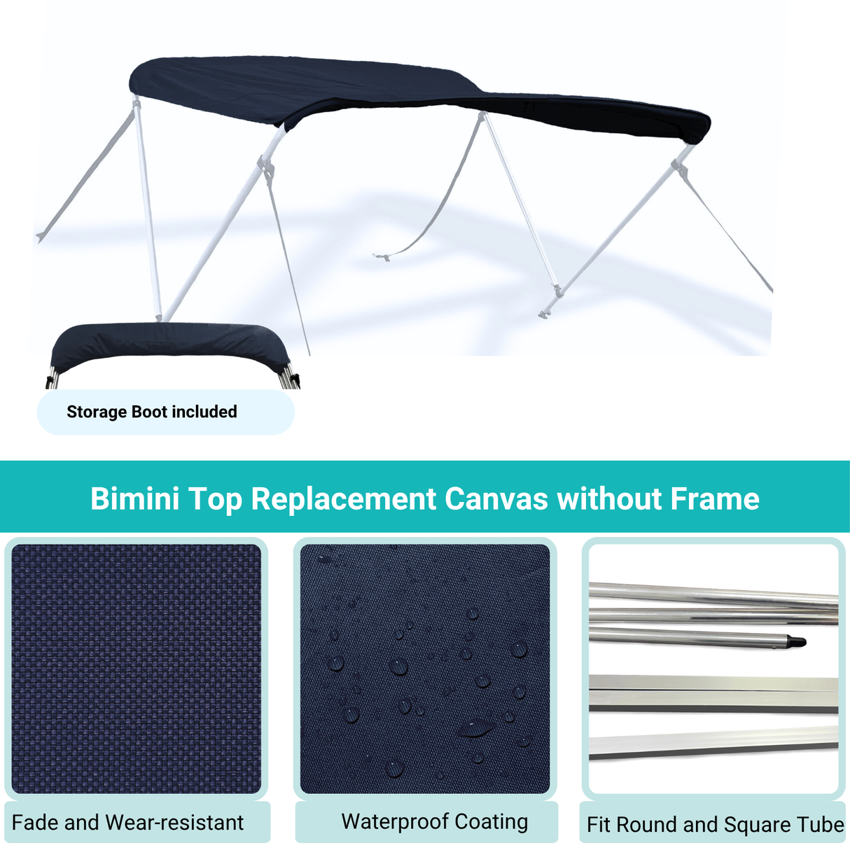 Navy Bimini top replacement canvas include storage boot, featuring fade and wear-resistant material.
