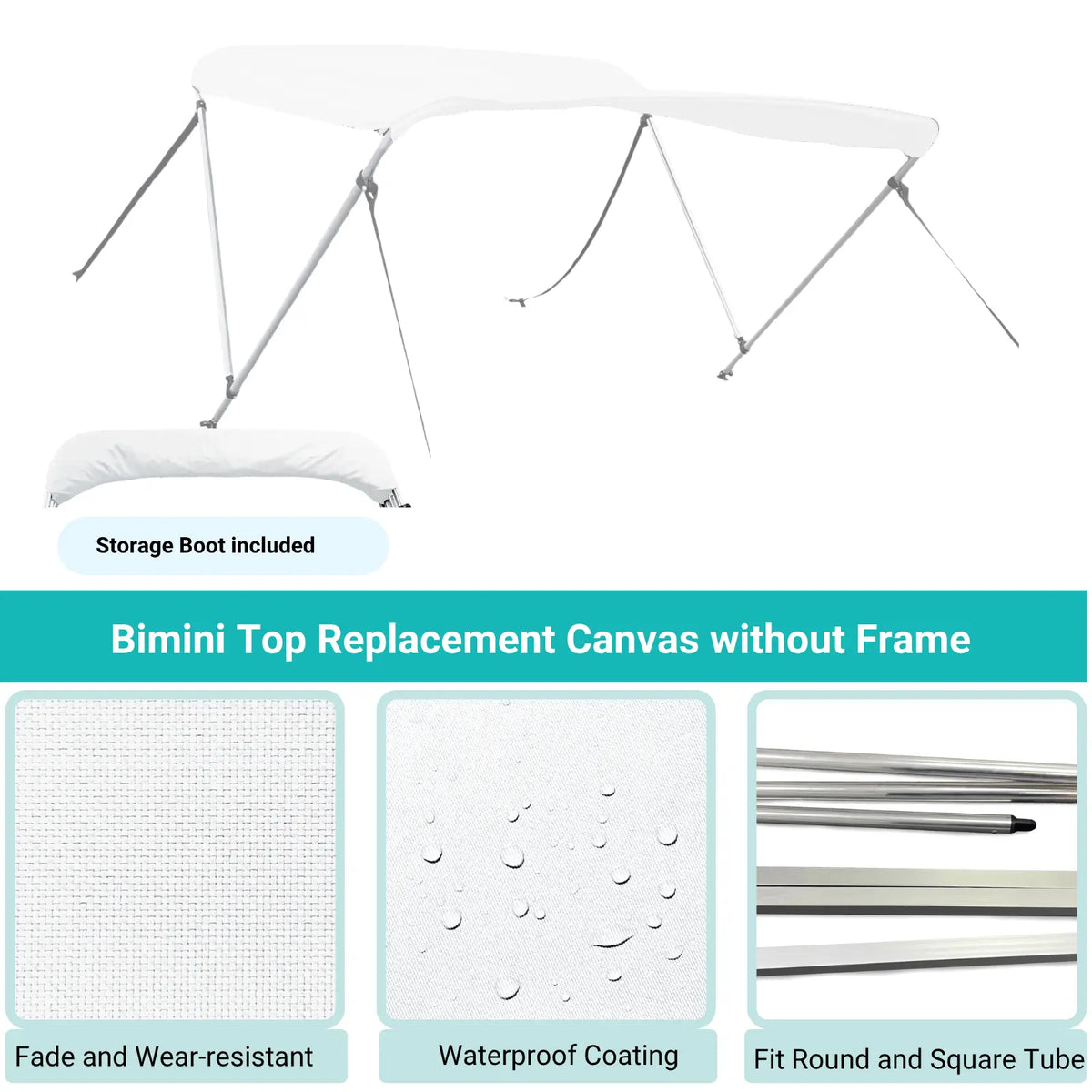 White Bimini top replacement canvas include storage boot, featuring fade and wear-resistant material.