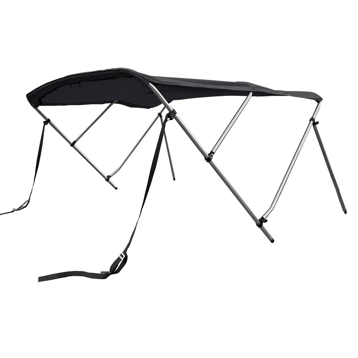 Black 3-bow boat Bimini top with round aluminum frame, marine-grade polyester canvas, boot, rear poles & front straps.