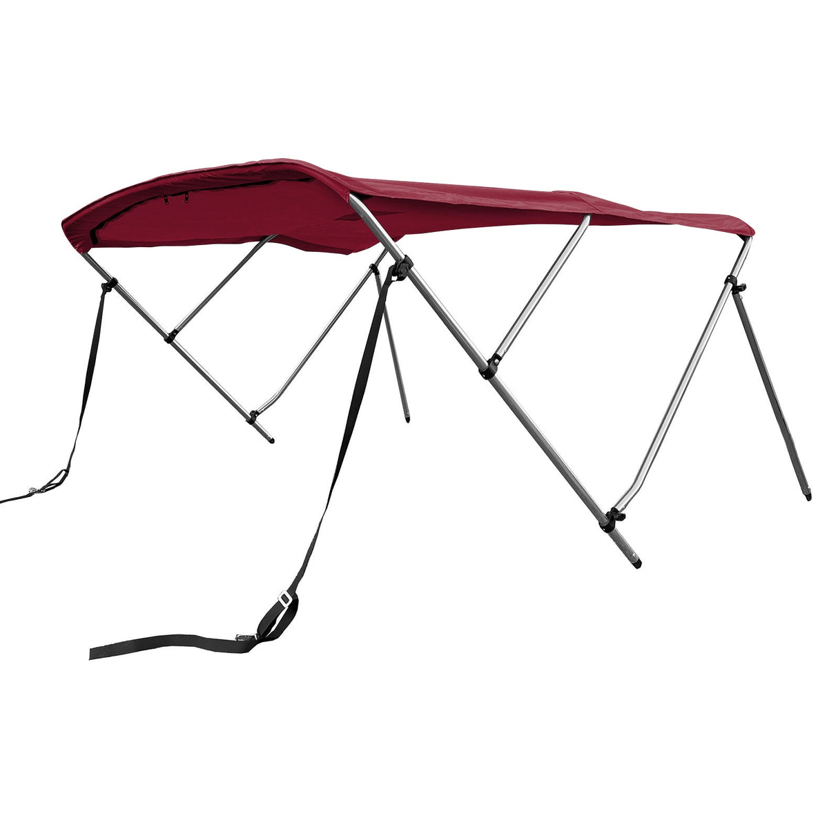 Burgundy 3-bow boat Bimini top with round aluminum frame, marine-grade polyester canvas, boot, rear poles & front straps.