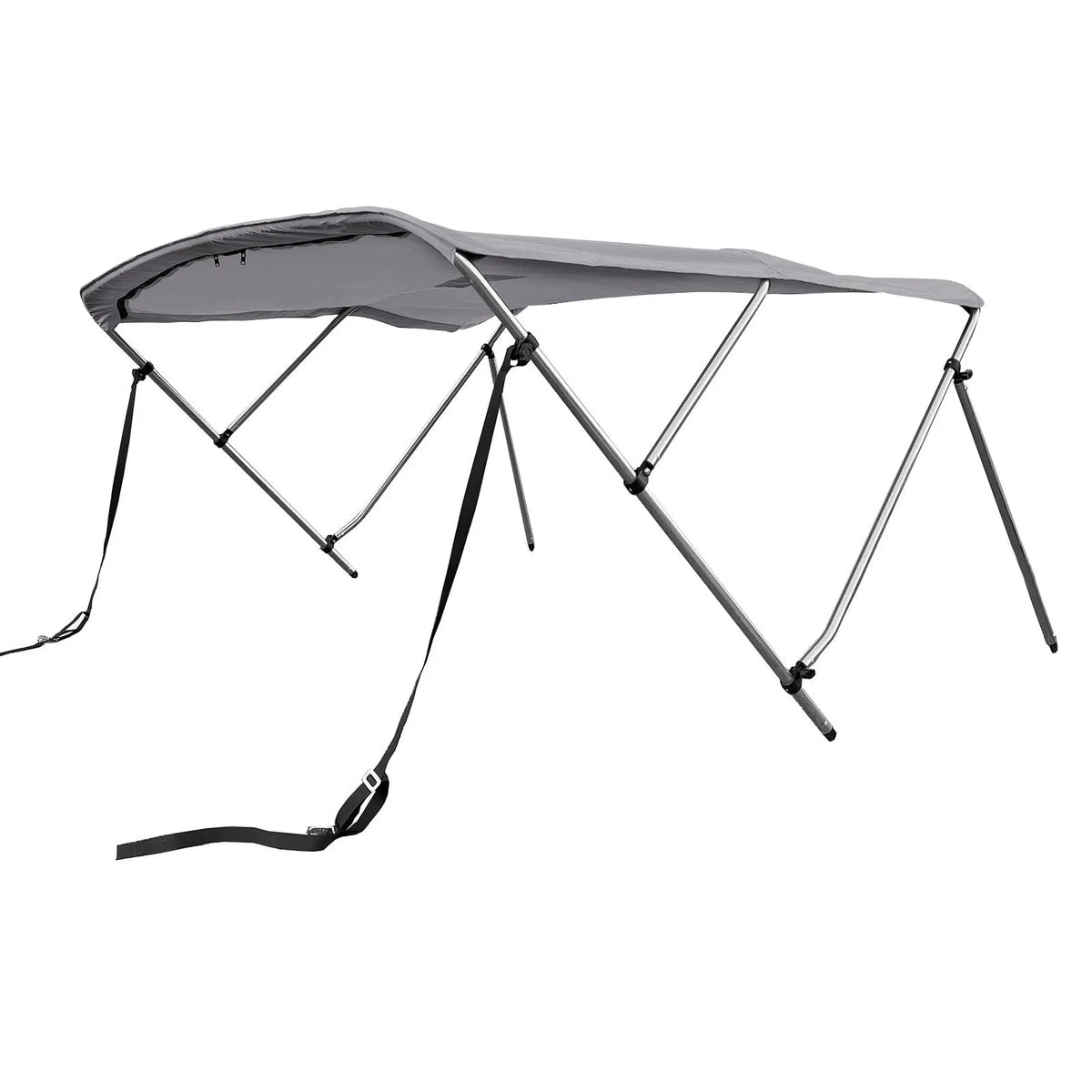 Gray 3-bow boat Bimini top with round aluminum frame, marine-grade polyester canvas, boot, rear poles & front straps.