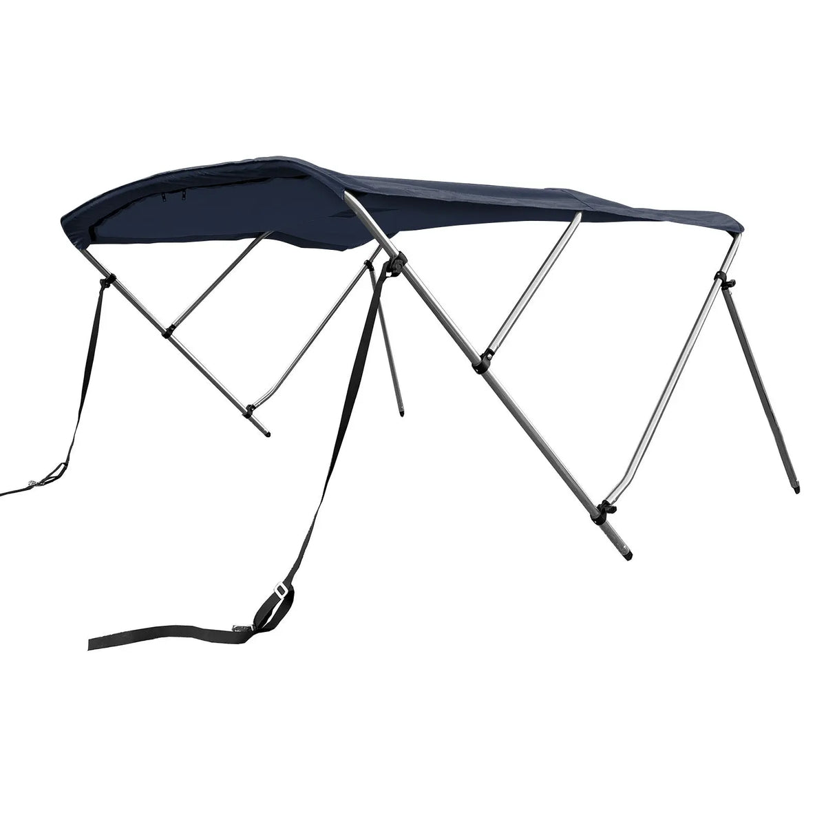 Navy 3-bow boat Bimini top with round aluminum frame, marine-grade polyester canvas, boot, rear poles & front straps.