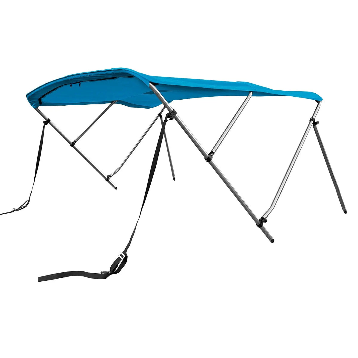 Blue 3-bow boat Bimini top with round aluminum frame, marine-grade polyester canvas, boot, rear poles & front straps.